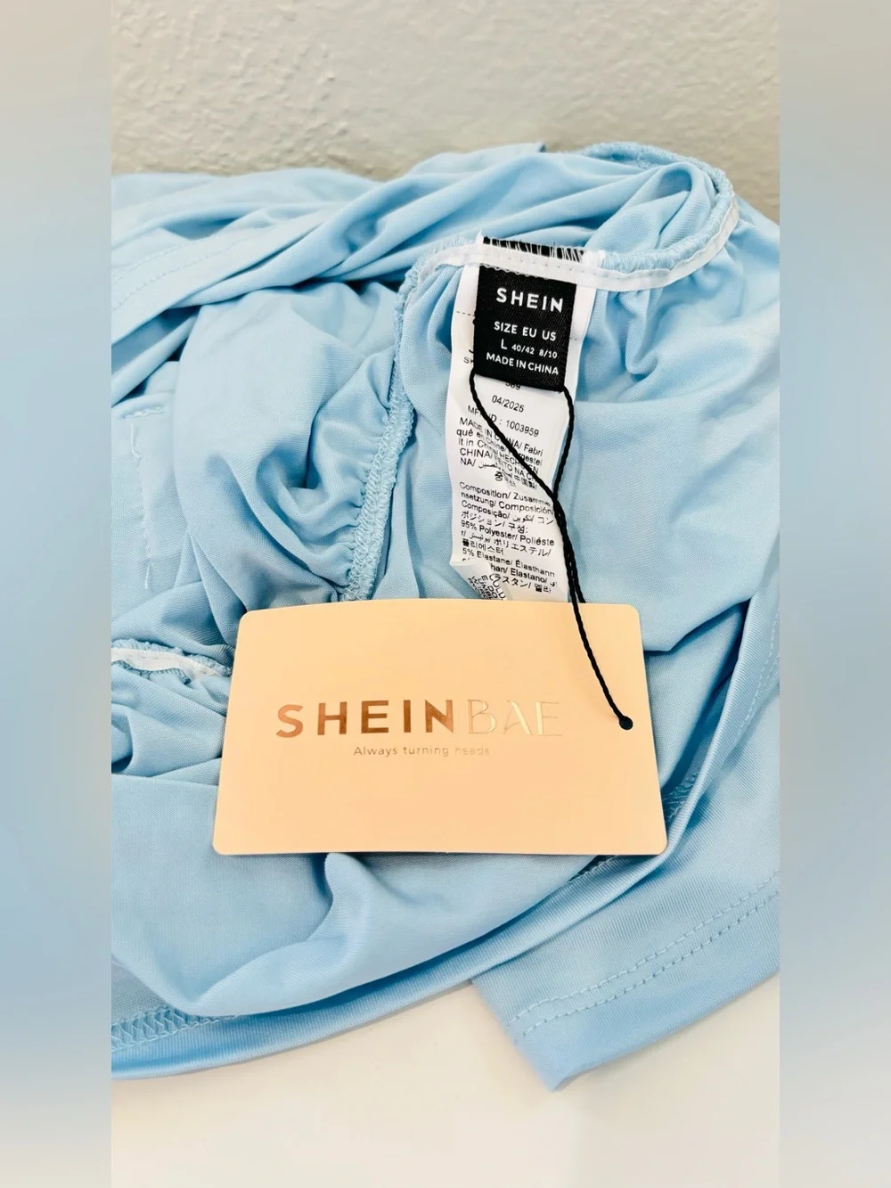 SHEIN Baby Blue One-Shoulder Ruched Mini Dress with Rosette Ruffle NWT - Picture 13 of 16